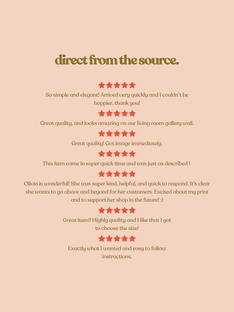 May include: A peach-colored background with the text "direct from the source." and customer reviews. The reviews include phrases like "Great quality" and "Exactly what I wanted."