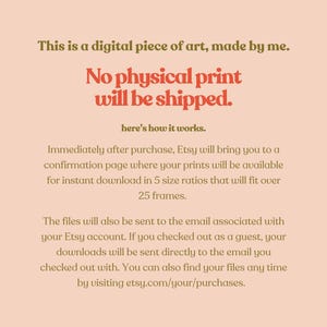 May include: A digital art print announcement on a peach background. Text in brown and red states that no physical print will be shipped. Details on how to download the digital art are included.