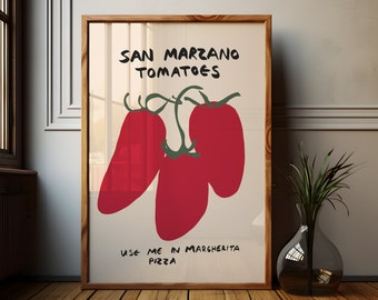 Pode incluir: Uma impressão artística emoldurada com três tomates San Marzano vermelhos com caules verdes. O texto "SAN MARZANO TOMATOES" está acima dos tomates, e "USE ME IN MARGHERITA PIZZA" está abaixo. A moldura é de madeira.