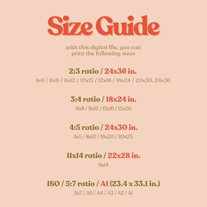 May include: A digital print size guide with the title "Size Guide" in a retro font. The guide lists various print ratios and sizes in inches, including 2:3 ratio (24x36 in.), 3:4 ratio (18x24 in.), and 4:5 ratio (24x30 in.).