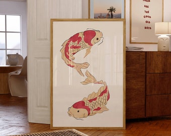 Koi Fish Print, Koi Wall Art, Digital Download Print, Wall Decor, Large Printable Art, Downloadable, Retro Beige White Red Japanese