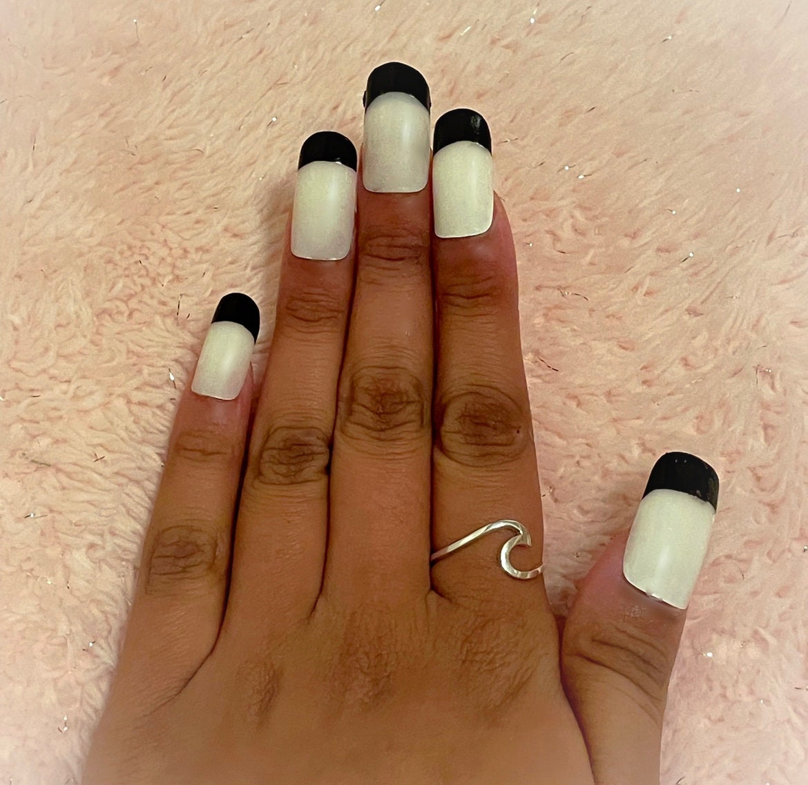 Black French Tip Nail Square Nails Press On Nails Nail Etsy