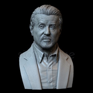 Può includere: Un busto in scultura grigia di un uomo con capelli corti e scuri. Indossa una giacca da abito e una camicia con colletto. La scultura è dettagliata e realistica.