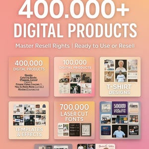 May include: An advertisement for a digital product bundle with the text "ULTIMATE BUNDLE 400.000+ DIGITAL PRODUCTS". The image shows various digital product categories, including ebooks, t-shirt designs, and video courses. The text "Master Resell Rights | Ready to Use or Resell" is also visible.