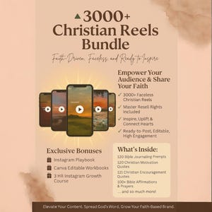 以下が含まれることがあります： 「3000+ Christian Reels Bundle」と書かれたデジタル製品バンドルの画像。リールを表示するスマートフォンのモックアップ、ボーナスコンテンツ、聖書ジャーナリングのプロンプトやアファメーションなどのアイテムのリストが含まれています。