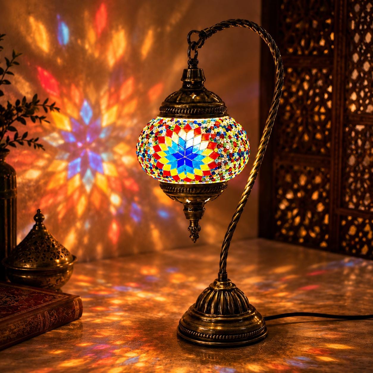 PORFOYO Mosaik-Nachttischlampe – Glas-Patchwork Tischleuchte Im Retro-Boho-Stil, USB-Stromanschluss, Blau