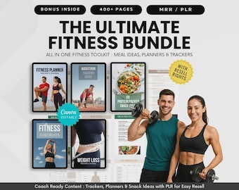 Fitness Planner Bundle: Weight Loss Journal, Recipe Guide, Canva Templates (PLR & MRR Digital Download