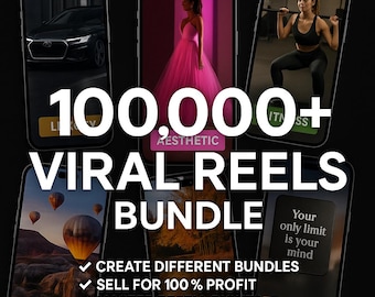 May include: A promotional image featuring six smartphones displaying various themes, including a car, a woman in a pink dress, fitness, hot air balloons, and nature. The text "100,000+ VIRAL REELS BUNDLE" is prominently displayed, along with bullet points about creating and selling bundles.