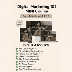 Könnte beinhalten: Werbebild für einen Mini-Kurs zum Thema digitales Marketing. Der Titel "Digital Marketing 101 MINI Course" ist über einem Laptop-, Tablet- und Telefon-Mockup zu sehen. Das Bild enthält eine Liste exklusiver Boni, darunter "The Canva Playbook" und "Etsy Trending Products".