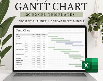 May include: A laptop displaying a Gantt chart template. The screen shows a project timeline with tasks and deadlines. The text "Easy to Use GANTT CHART" and "120 EXCEL TEMPLATES" are visible. The Microsoft Excel logo is in the lower right corner. The words "PROJECT PLANNER BUNDLE" are at the bottom.