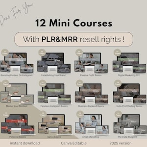 Könnte beinhalten: Ein Bild, das 12 Mini-Kurse mit PLR & MRR-Wiederverkaufsrechten bewirbt. Die Kurse behandeln Themen wie Instagram-Inhalte, Branding und digitales Marketing. Jeder Kurs wird auf einem Computer, Tablet und Telefon angezeigt. Der Text enthält "Done For You", "sofortiger Download" und "Version 2025".