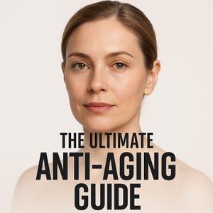 Puede incluir: Una mujer de piel clara y cabello castaño mira directamente al espectador. El texto "THE ULTIMATE ANTI-AGING GUIDE" está en negrita, en letras negras en la parte inferior de la imagen. El fondo es de color beige claro sólido.