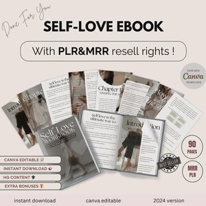 Puede incluir: Imagen de un ebook y un cuaderno de trabajo sobre el amor propio, con el texto "SELF-LOVE EBOOK" y "SELF-LOVE WORKBOOK". La imagen incluye el texto "With PLR&MRR resell rights!", "CANVA EDITABLE", "INSTANT DOWNLOAD", "HQ CONTENT", "EXTRA BONUSES", "90 PAGES" y "BEST SELLER".