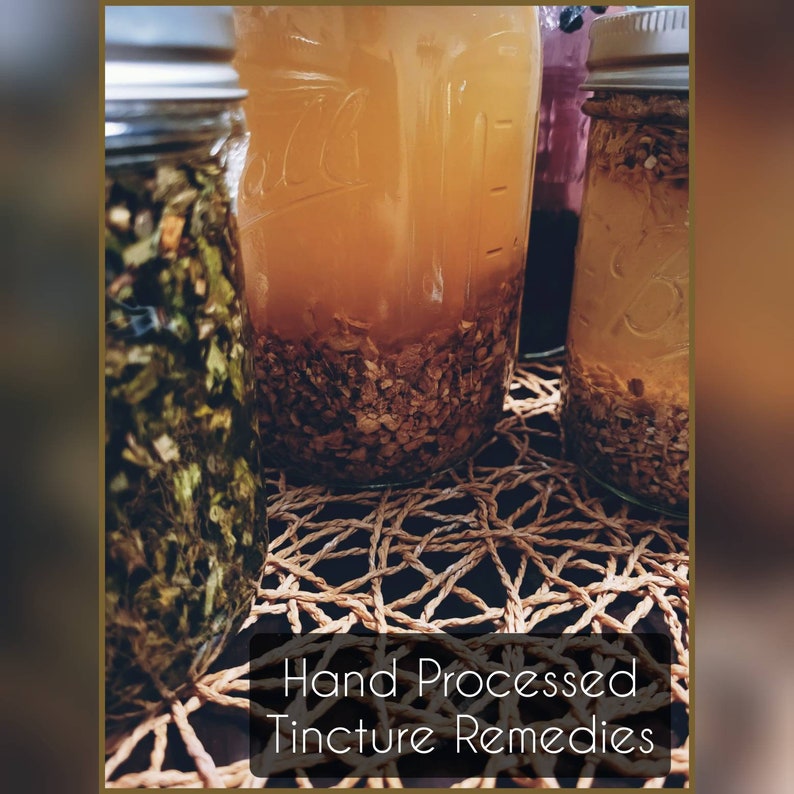 May include: Three glass jars containing herbal tinctures. The jars hold different plant materials and liquids, with a light brown liquid in the central jar. The image includes the text "Hand Processed Tincture Remedies" at the bottom.