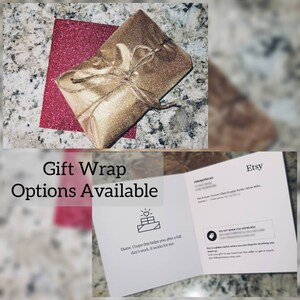 May include: A gold glitter gift wrapped package tied with twine, on a red glitter paper. The text "Gift Wrap Options Available" is displayed. An Etsy order is also visible.