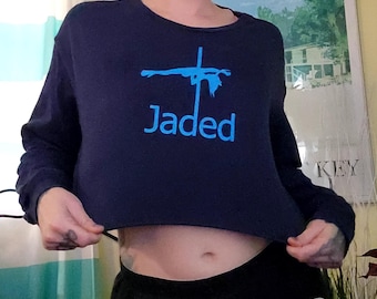 Long Sleeve Blue Cropped Tee with "Jaded" Logo