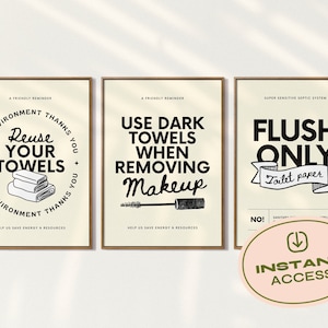 3 Essential Bathroom Signs - AIRBNB BUNDLE. Septic Sign, Makeup Removal Sign, Reuse Towels Sign - Editable Airbnb House Rules Toilet Signs
