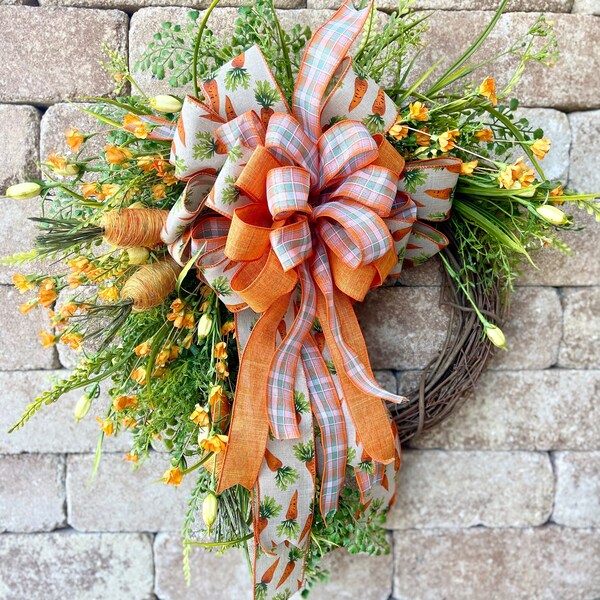 Carrot Easter Wreath for Front Door, Orange Spring Neutral Grapevine with Bow, Green and White Natural Holiday Farmhouse Greenery Wall Decor