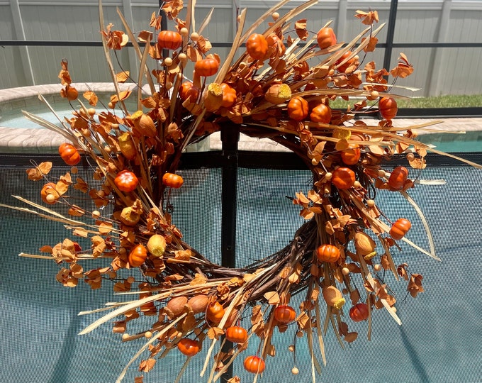 Featured listing image: Fall Wreath with Pumpkins, Rustic Orange Fall Wreath for Front Door, Autumn Farmhouse Dry Floral Berry Decor, Welcome Home Halloween Gift