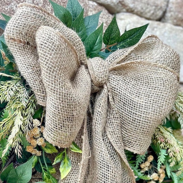 Burlap Bow, Natural Burlap Wreath Bow for Front Door, Neutral Simple Farmhouse Decor, Brown Rustic Ribbon Accent, Spring Sweetheart