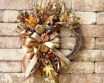 Golden Maple Leaf Fall Wreath with Pumpkins and Acorns, Rustic Farmhouse Decor