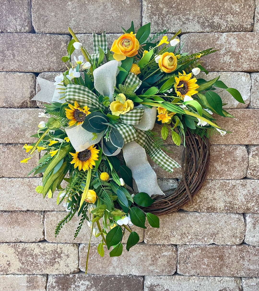 Sunflower and Ranunculus Wreath for Front Door, Yellow and White Summer ...