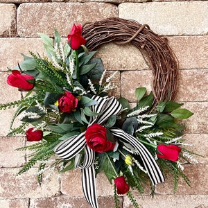 Red Roses Valentine's Day Wreath for Front Door, Peonies Love Heart Wreath with Berries Decor, Black and White Bow, Spring Outdoor Florals