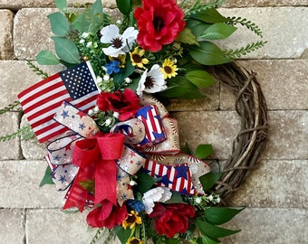 Patriotic Wreath Summer Wreaths for Front Door, 4th of July Red, White and Blue Poppies with American Flag, Independence Memorial Day Decor