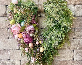Rustic Easter Wreath for Front Door, Tulips and Peony Easter Egg Wreath, Pastel and Gold Farmhouse Spring Decor Outdoor, Spring Front Door