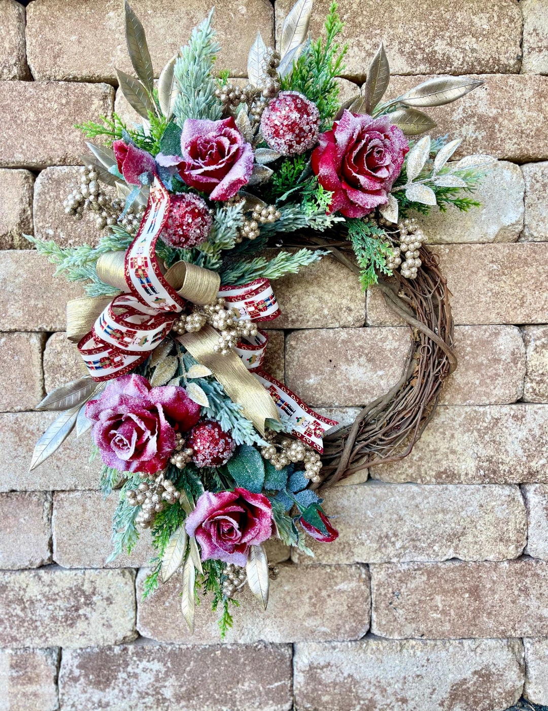 Red and Gold Christmas Wreath for Front Door, Rose Holiday Wreath With ...