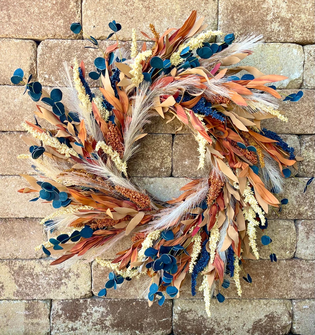Orange and Blue Fall Eucalyptus Wreath, Berries Wreath for Front Door ...