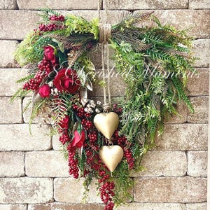 Farmhouse Valentine Heart Wreath: Gold Bells, Red Roses & Berries