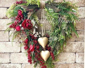 Farmhouse Valentine Heart Wreath: Gold Bells, Red Roses & Berries