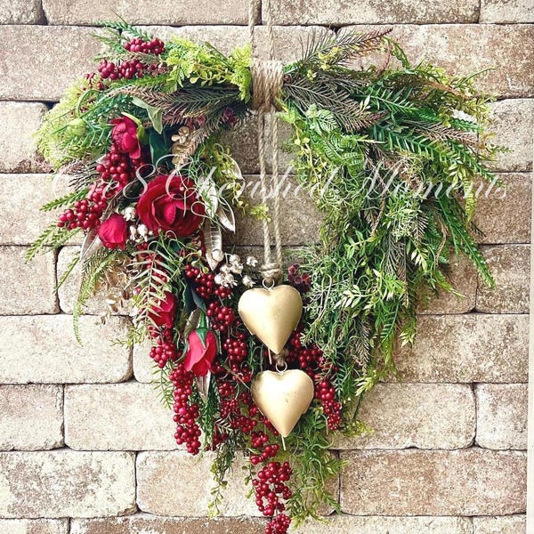 Farmhouse Valentine Heart Wreath: Gold Bells, Red Roses & Berries
