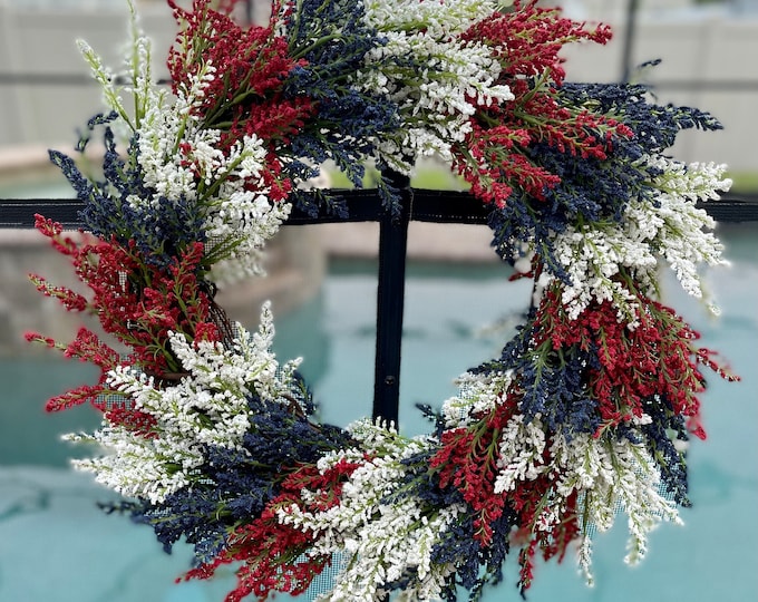 Featured listing image: Patriotic Wreath, Red, White, and Blue Berry Wreath for Front Door, 4th of July Summer Outdoor Decor, Independence Day Americana Wall Accent