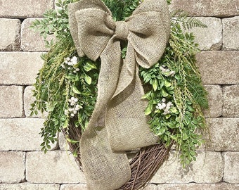 Oval Burlap Wreath for Front Door, Everyday Farmhouse Greenery Wreath, Neutral Outdoor Decor, Natural Grapevine Year Round Wreath, Beige Bow