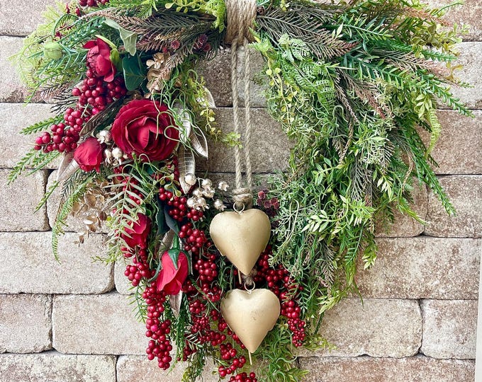 Featured listing image: Farmhouse Valentine Heart Wreath: Gold Bells, Red Roses & Berries