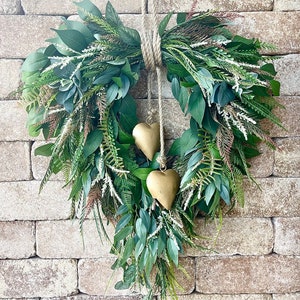 Rustic Valentine Wreath, Greeney Heart Wreath, Neutral Valentine's Day Wreath for Front Door, Farmhouse Love Wreath, Gold Heart Bell Decor