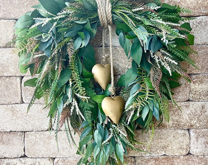 Featured listing image: Rustic Greenery Heart Wreath: Farmhouse Gold Heart Bell Decor