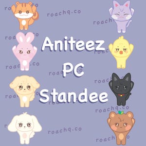 May include: A set of nine colorful cartoon animal character illustrations. The characters include a cat, a dog, a bunny, a bear, a chicken, and a squirrel. The characters are all standing on a purple background with the text "Aniteez PC Standee" in white.