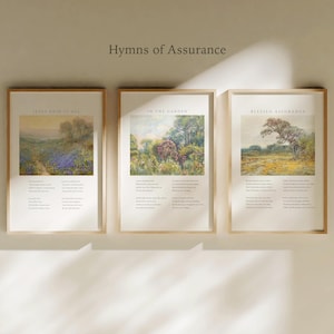 Hymn Wall Art Set of 3 — Vintage Landscape Prints — Jesus Paid It All, In the Garden, Blessed Assurance (Digital Download)
