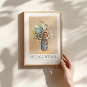 May include: A framed art print featuring a floral still life in a blue vase. The artwork displays a bouquet of colorful flowers. The text "SELF CONTROL" is printed at the bottom, with a Bible verse below.