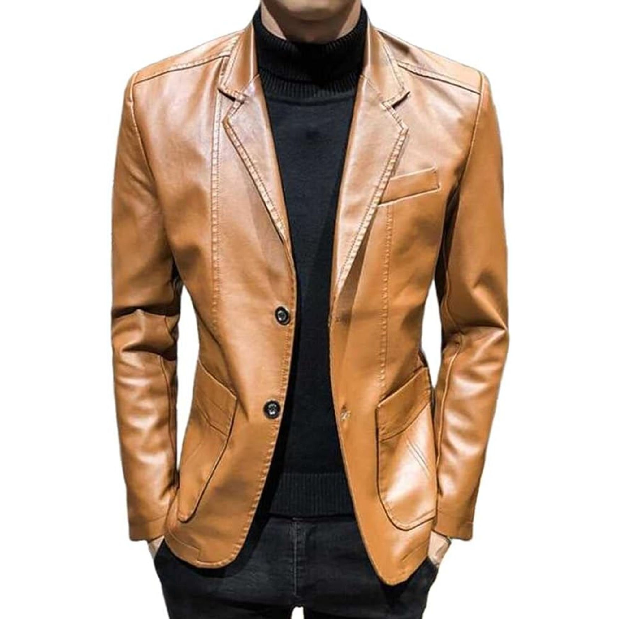 Men's Slim Fit Tan Brown Leather Blazer Handmade Tan Etsy