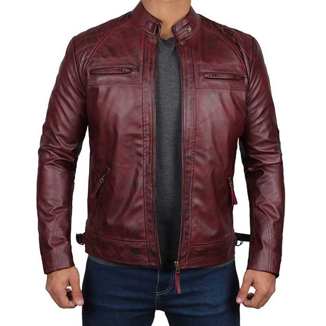 Men's Stylish Maroon Leather Biker Jacket Handmade - Etsy