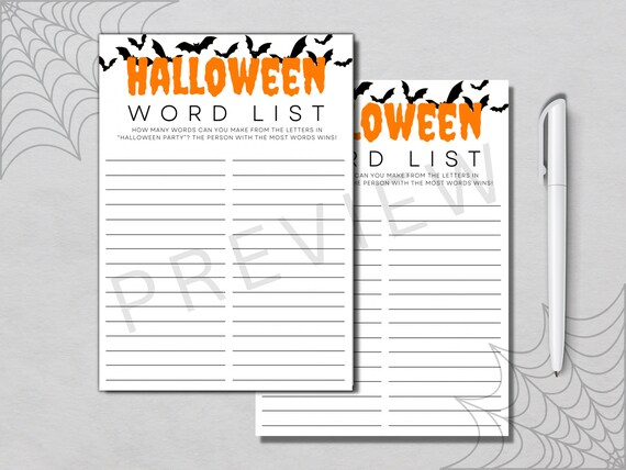 Halloween Game Printable Word List Game Halloween Party - Etsy