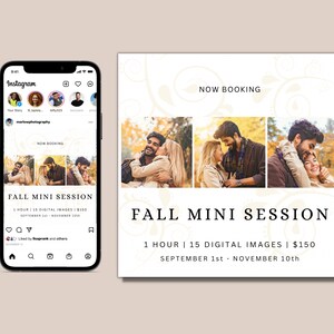 May include: Fall mini photo session announcement with a couple in a fall setting. The text reads "NOW BOOKING FALL MINI SESSION 1 HOUR | 15 DIGITAL IMAGES | $150 SEPTEMBER 1st - NOVEMBER 10th".
