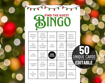 Op de afbeelding: Een printbare kerstbingo-kaart met een groen en rood kerstthema. De kaart heeft 25 vakjes met verschillende kerstgerelateerde activiteiten en voorkeuren. De kaart heeft de titel "Find the Guest Bingo" en bevat de tekst "50 unieke kaarten bewerkbaar".