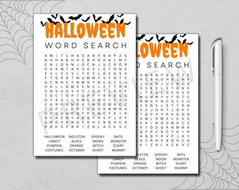 May include: A printable Halloween word search puzzle with a black and orange color scheme. The puzzle features a list of Halloween-themed words such as "skeleton", "witch", "candy", "pumpkin", "costumes", "bats", "monster", "mummy", "ghost", "spooky", "orange", and "october".
