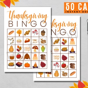 Thanksgiving Bingo Cards, 50 Printable Bingo Cards, Kids activity, Kids game, Thanksgiving family fun game, 5x7 bingo cards, printable