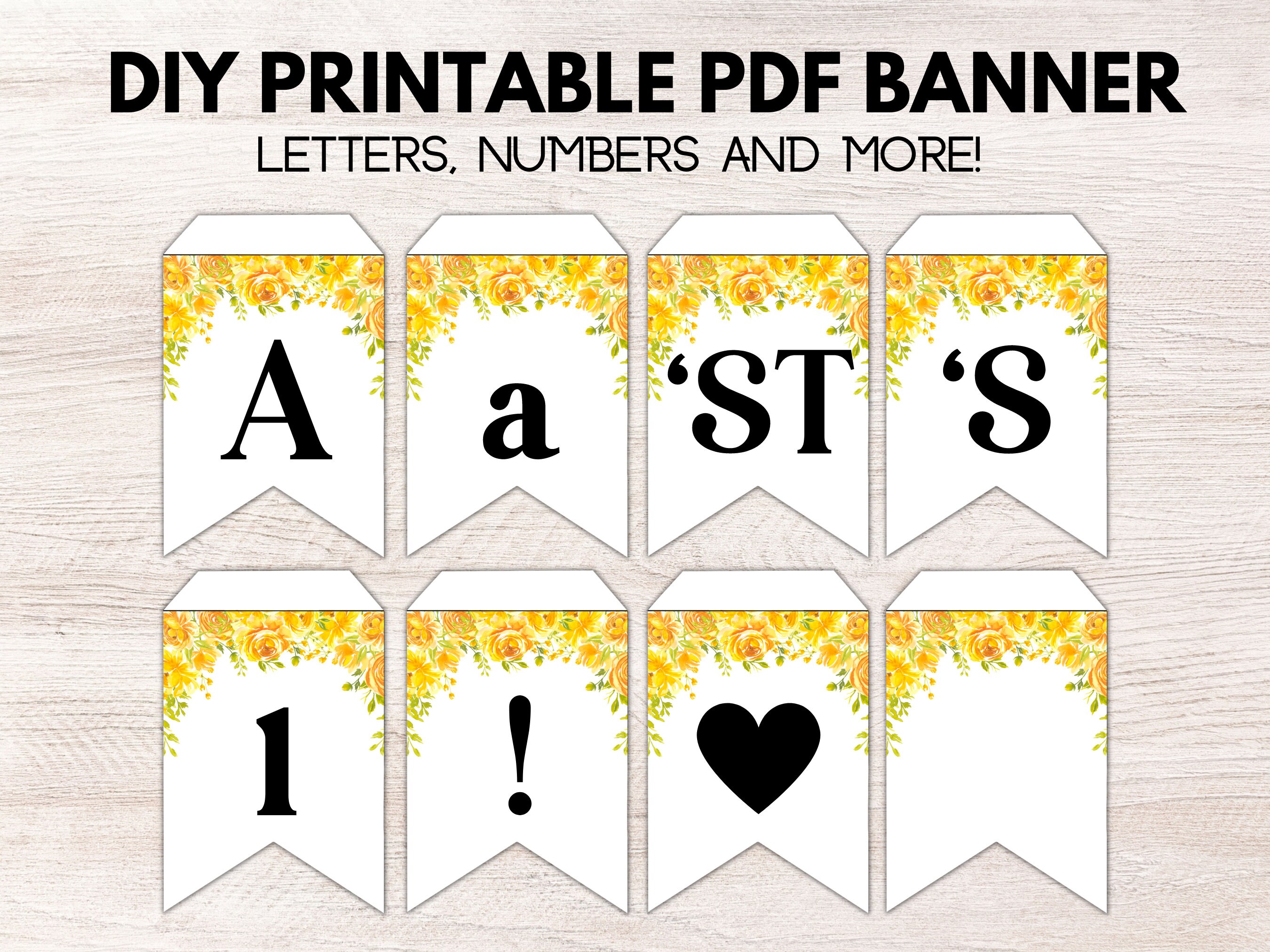 DIY Happy Birthday Banner, Yellow Flowers and Black Letters printable  bunting banner, Yellow banner template, Bunting banner, Party Decor Within Diy Birthday Banner Template